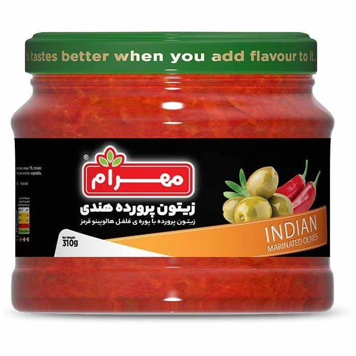  زیتون پروده هندی با سس چیلی شیشه ای 310 گرمی مهرام